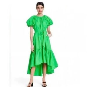 Elegant Green Puff Sleeve Dress With Side Pockets And Belt